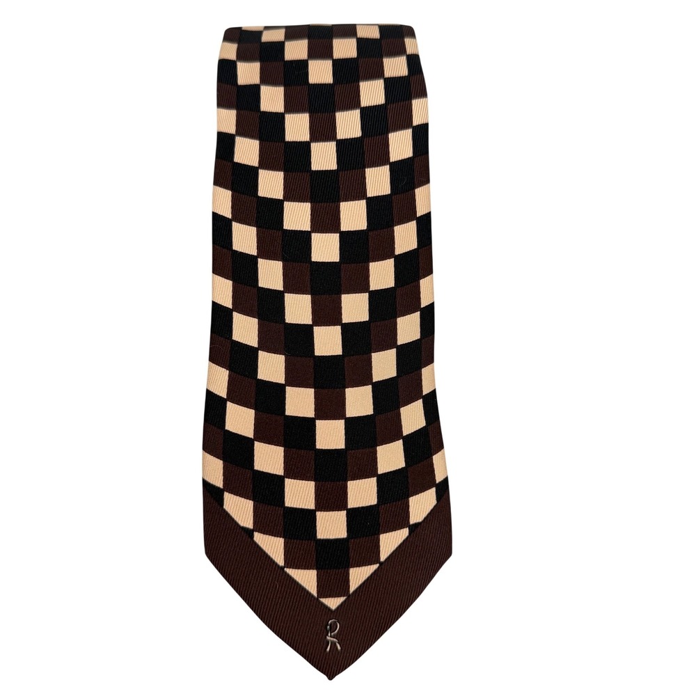Vtg Roberta di Camerino Silk Tie Brown Tan Black Geometric Checkerboard Italy